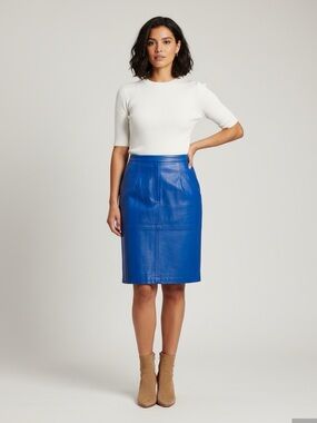 Vintage Cobalt Blue Women's Knee-Length Leather Pencil Skirt Size Medium​
